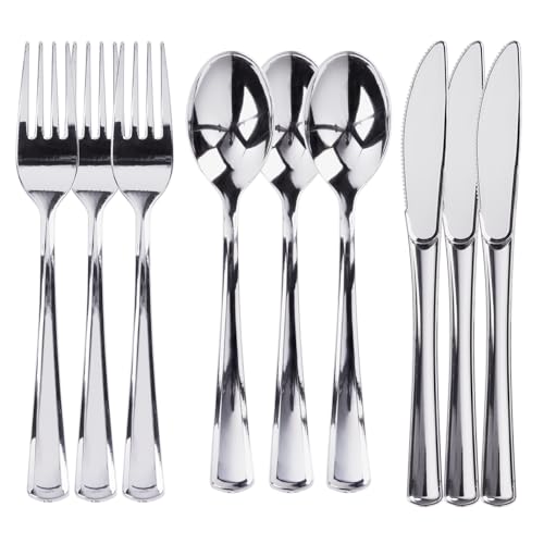 Prestee 300 Piece Heavy Duty Plastic Silverware Set - 100 of Each Silver Plasticware Forks, Spoons, Knives - Flatware Cutlery for Weddings - Durable Disposable Plastic Utensils for Catering, Buffets