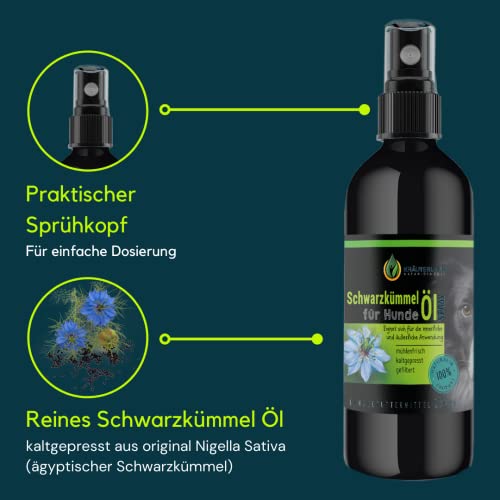 Kräuterland Schwarzkümmelöl Spray für Hunde 250ml - kaltgepresst, gefiltert, nativ - Schwarzkümmel Öl Sprühflasche für unterwegs - Fütterung & Fellpflege in Premium Qualität