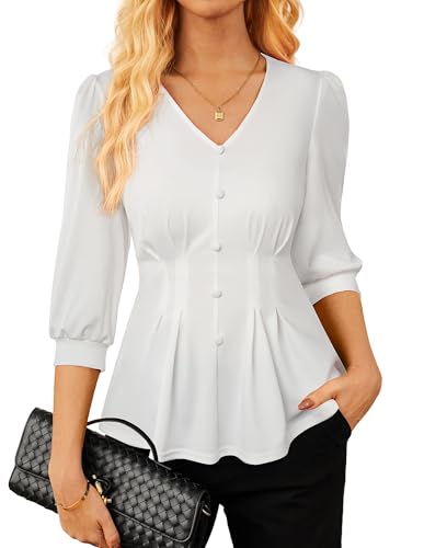 Image of GRACE KARIN Women's Button-Down Blouse 3/4-Sleeve V-Neck Tops for Work Office Ruffled Blouse White M