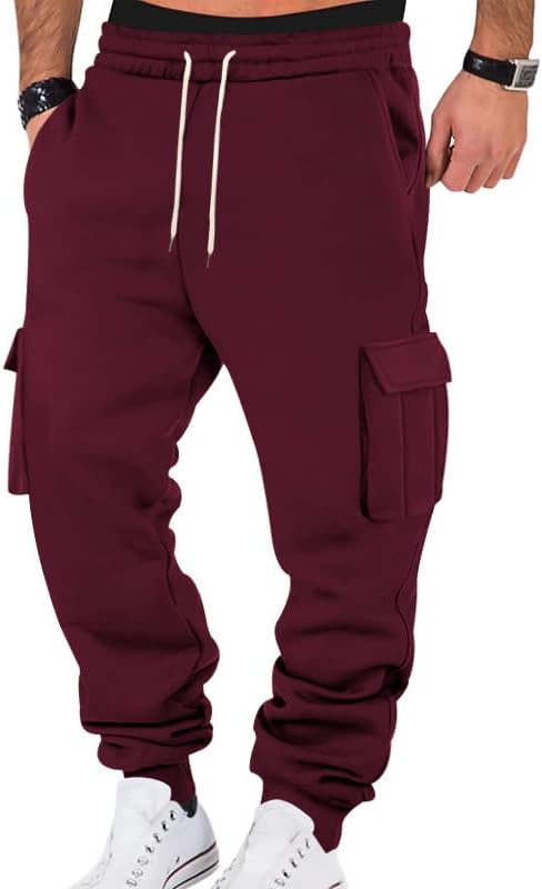 Mens Fleece Cargo Sweatpants Heavyweight Elastic Waist Pants with Pockets Baggy Drawstring Jogger Pants