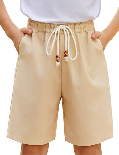 Arshiner Boys Cotton Linen Shorts Summer Beach Shorts Elastic Waist Drawstring Short with Pockets Size 6-18 Khaki