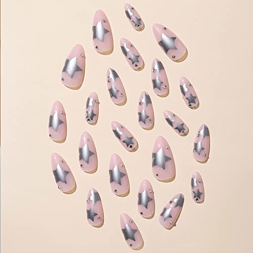 Mlovew 24 Pcs Summer Press On Nails Long,French Almond Light Pink Fake Nails,Silver Star Glue On Nails With Diamonds Acrylic Full Cover False Nails,Nail Kit For Women And Girls. #TOP2