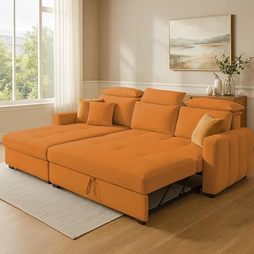 Image of Casaliving Gagnon LHS 4 Seater L Shape Corner Sofa Cum Bed for Living Room (Orange Fabric) Premium Fabric Sofa