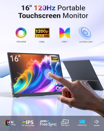 Image of MINIX 16 inch Portable Monitor Touchscreen FHD 1200P IPS Display Travel Monitor with Stand /Speaker, Low Blue Light Screen, USB-C HDMI Touch Screen Extended Monitor for Laptop MacBook PC Xbox PS4 /5