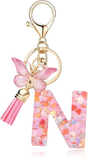 Image of GEOCARTER Lightweight Fashion Initial Letter Key Ring with Butterfly Pendant & Tassel, Stylish Purse Charm for Handbags, Car Keys, Gifts for Girls & Women