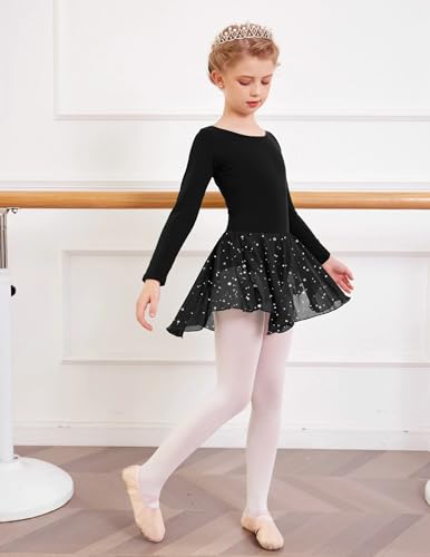 Image of Arshiner Girls Long Sleeve Ballet Leotards with Shinny Skirts Criss-Cross Back Dance Dresses