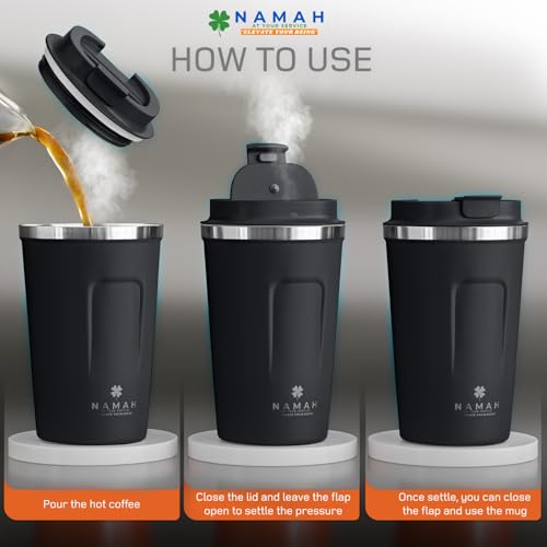 Image of Namah Insulated Coffee Travel Mug 380 ml with Lid, Leak Proof Stainless Steel Thermosteel Vacuum Insulated Mug, Hot & Cold Reusable Coffee Mug for Office, Car Cup Holder Friendly