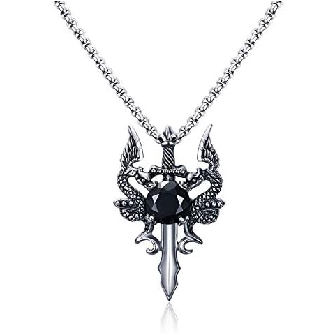 AIKESIWAI Stainless steel men's pendant, dragon sword necklace,knight necklace,necklace for men,44MM black zircon inlaid, dragon necklace, vintage necklace, double dragon guardian necklace Cover