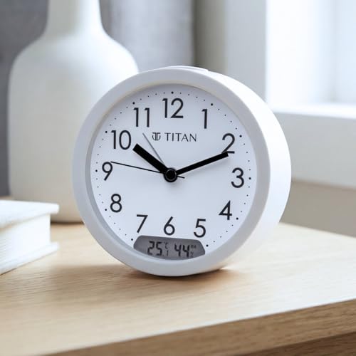 Image of Titan Analog Alarm Table Clock with Temperature & Humidity Display, Silent Sweep, White Dial & Case, Model T0007PC01 | 12.5 cm x 12.5 cm x 4.2 cm