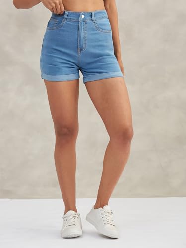 Image of Dolce Crudo Women's Relaxed Fit Mid-Rise Denim Shorts with Adjustable Waist & Frayed Hem