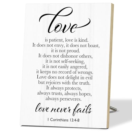 Love Is Patient Love Is Kind Inspirational Desk Signs for Religious Wall Decor Wooden Desktop Decors for Christian Desk Decor Rustic Wall Art for Prayer Room Decors Bible Verse Gifts for Women - F465