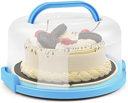 HOYA PONYOO Portable Cake Carrier with Handle, Round Cupcake Holder with Lid, Plastic Storage Container Box fit 10 inch Cake, 3-Locking Muffin and Pies Keeper with Cover (Blue)
