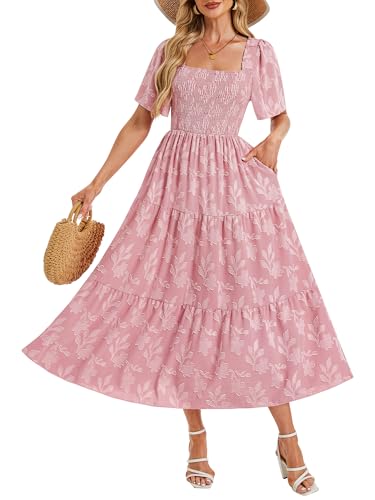 Image of Women's Summer Dresses 2025 Casual Maxi Dresses Boho Floral Short Sleeves Square Neck Beach Vacation with Pockets