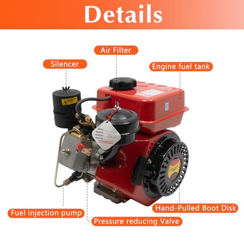 Diesel Engine, 4-Stroke Single Cylinder Air-Cooled Diesel Engine 2.2KW Recoil Start System Diesel Motor for Go Kart, Lawn Mower, Power Generator, Wood Splitter (Red) - Image 6