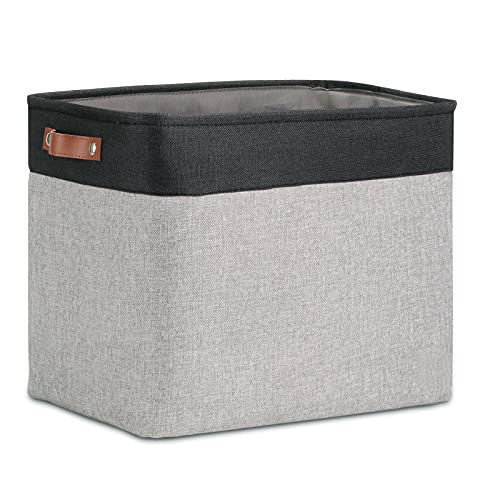 Image of DULLEMELO Large Collapsible Storage Basket /Bin with Sturdy Leather Handles, Fabric Organizer Bin for Storage Clothes, Books, Office, Bedroom, Closet, Nursery & Laundry (Black&Gray)