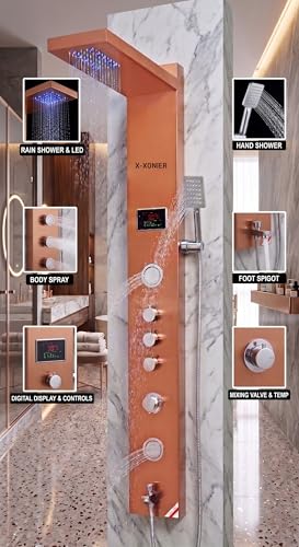 Image of X-xonier 304 Grade Stainless Steel Shower Panel 6 in 1 Shower System Handshower with Waterfall Outlet Tub Spout Body Massage Spray With Hot &cold Mixer