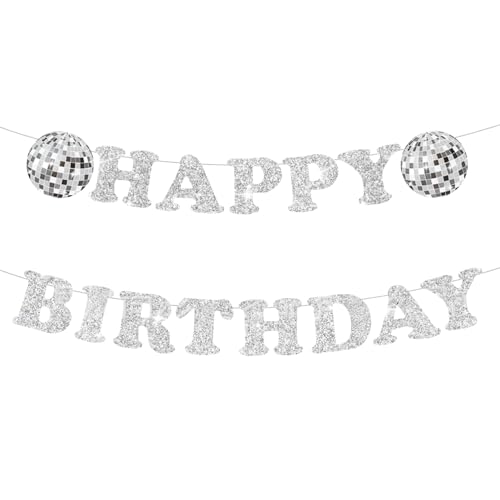 OAOSDH 1 peça de bandeira de aniversário com tema disco, bandeira de aniversário brilhante, decoração de festa de aniversário, bandeira de festa criativa.