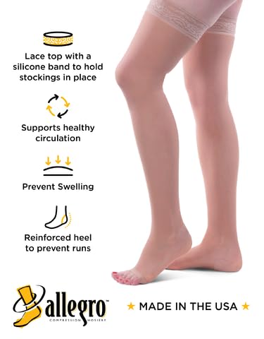Image of Allegro Women's Sheer Thigh High Compression Stockings 15-20 mmHg Open Toe | Graduated support hose with lace-silicone stay-up band and reciprocated heel for secure hold, soft feel and daily comfort
