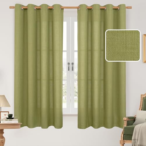 Image of LAMIT Moss Green Linen Curtains 63 Inch Length 2 Panels Set, Grommet Thick Linen Bedroom Light Filtering Drapes Privacy Window Curtains for Farmhouse /Living Room, 52 x 63 Inch