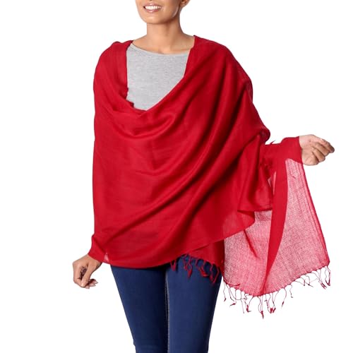 NOVICA Artisan Handmade Wool Shawl Women's Red All Woven from India Accessories Solid 'Valley of Kashmir in Red'