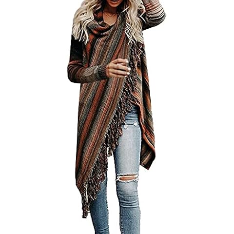 Gothden Women's Tassel Hem Sweater Long Loose Cardigan Knitwer Crew Neck Slash Poncho Coat Brown Cover