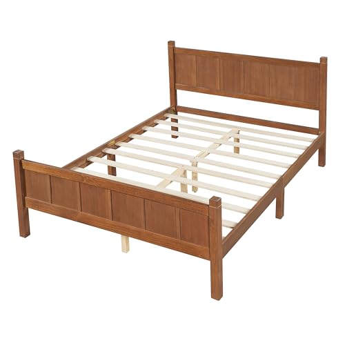 Image of Full Size Vintage Bed Frame with Headboard, Farmhouse Wooden Platform Bed with Under-Bed Storage, Minimalist Modern Wood Grain Finish Bedframe for Bedroom (Light Walnut)