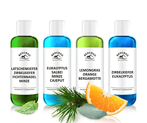 BERGBAD Saunaaufguss Set 4 x 250ml, wohltuendes, erfrischendes Sauna-Aufgussmittel mit naturreinen ätherischen Ölen, großes Geschenkset für jede Stimmung Cover