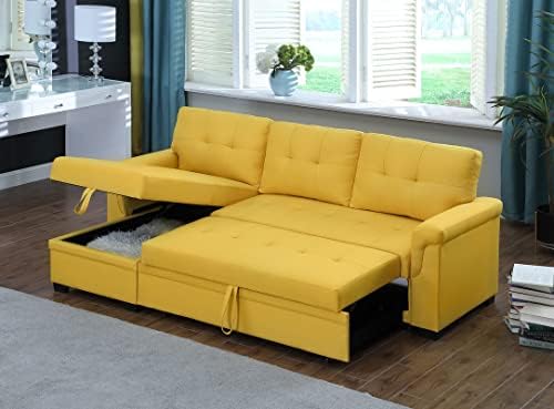 RITSU L-Shape Reversible Linen Fabric Sleeper Sectional Sofa with Storage Chaise, Yellow Corner Couch with Arms for Living Room, Home Furniture, Apartment, Dorm
