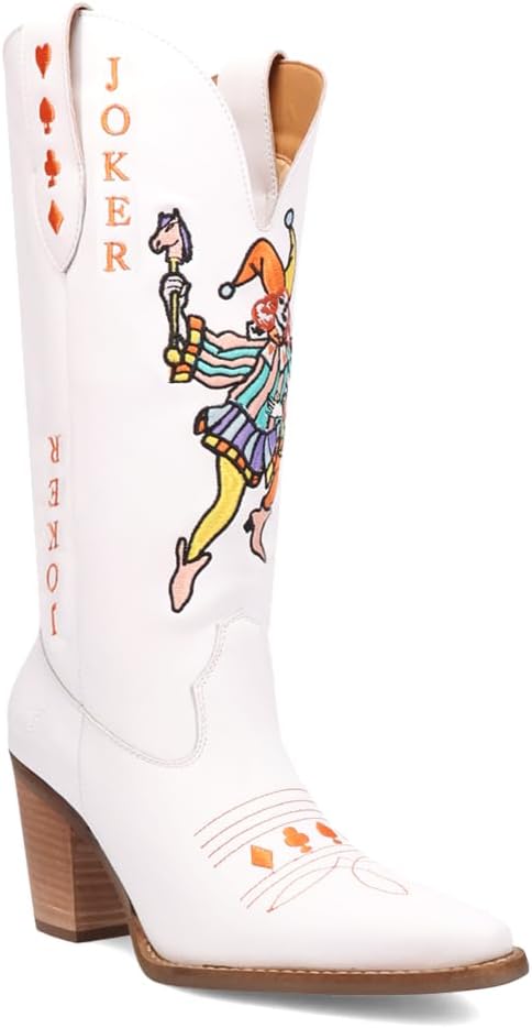 Dingo Womens Joker Graphic Embroidered Snip Toe Pull On Casual Boots Mid Calf Mid Heel 2-3" - White