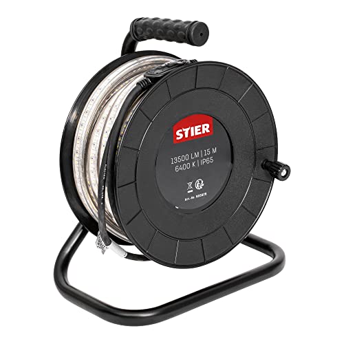 STIER LED Streifen Baustrahler, 15m, 13.500lm, 6400k, 900lm/m, erweiterbar auf 75m, direkt Anschluss, LED Strip, PVC, Schutzart IP65, mit praktischen Standfüßen und Handgriff