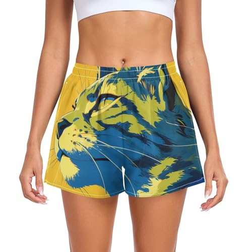 EtherSpher Cute Cartoon Yellow Lynx Cool Women's Athletic Shorts Elastic Waisted Girls Sport Shorts for Biking Surfing Vacation Swim Party Shores deportivos para Mujer L