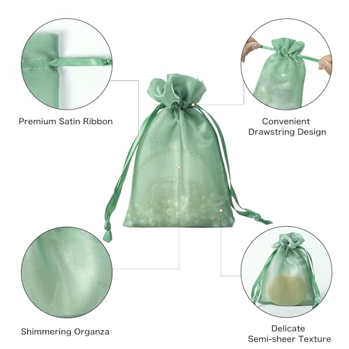 Image of QIANF 20 Pcs Sage Green Small Organza Bags 6X9 inch for Wedding Favors with Drawstring, Mini Mesh Gift Bags Jewelry Pouch for Candy Bridal Shower Party Favor Baby Shower Christmas