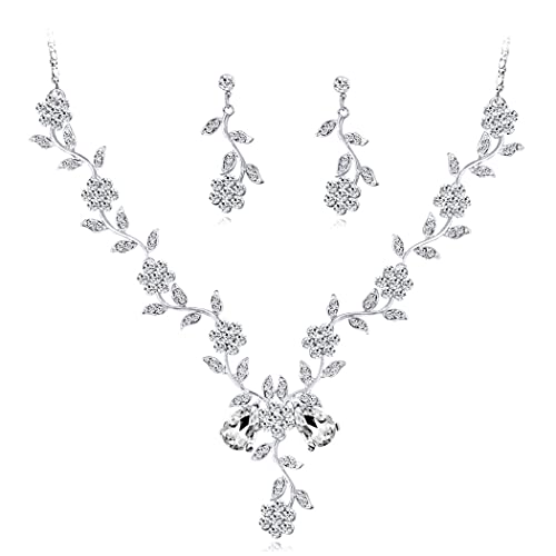 Ushiny Conjuntos de joyas de boda para novia, Juego de joyas de cristal de plata,collar y pendientes con diamantes de imitación para mujeres y niñas Cover