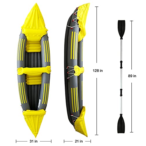 Hotmax 2 Person Inflatable Kayak For Adults Beginners Foldable Touring Kayaks Yellow Professional Series 10 Safety Independent Air Valves Canoe With Aluminum Paddle, Pump #TOP1