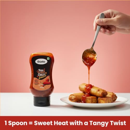 Image of Gusto Foods Thai Sweet Chilli Sauce (350g) | Original Thai Chilly Momos Sauce | Ready to Use Thai Chilli Garlic Dip, Use with Noodles, Momos, Burgers or Marinade | Syrupy glossy texture