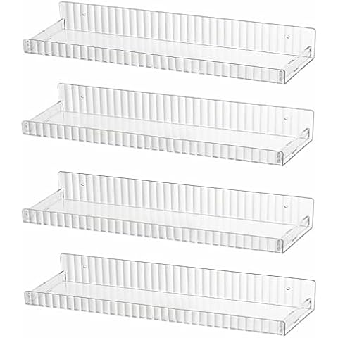 IEEK Acrylic Floating Shelves Display Ledge,15 inch Clear Wall Mounted Storage Shelf with Detachable Baffle for Kitchen/Bathroom/Living Room/Office,Kids Wall Bookshelf and Spice Rack,Set of 4 Cover