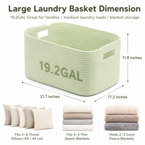 Image of 19.2GAL Sturdy Large Laundry Basket with Handles for Bathroom, Dorm Dirty Clothes, Portable Aesthetic Boho Cute Woven Storage Blanket Baskets for Living Room Decor Girls Boys Pets Toys Sage Green