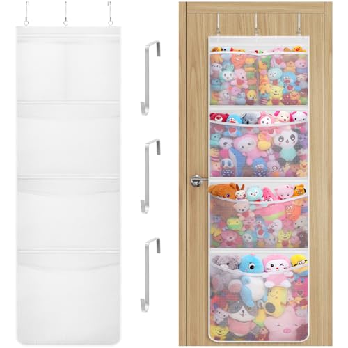 Lifewit Stuffed Animal Storage, 1 Pack Over the Door Organizer with 5 Expandable Mesh Pockets, Breathable Hanging Kid Plush Net Hammock Baby Toy Holder for Closet, Nursery, Bedroom, Bathroom,White
