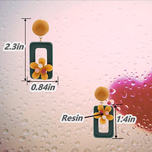 Clip On Dangle Earrings For Women Girls La Luen Non Pierced Green Geometric Resin Daisy Flowers Earrings Fashion Boho Rectangle Hypoallergenic Lightweight Jewelry Gift (Rectangle-Clip On Earrings) #TOP4