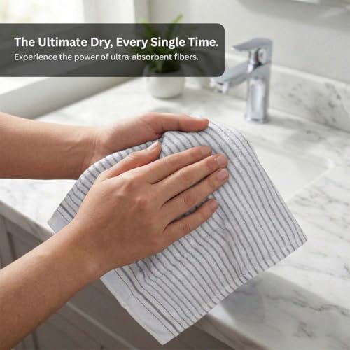 Image of Athom Living Premium Hand Towels- Cotton, 400 GSM, Ultra Soft, Quick Dry, Highly Absorbent | for Hand, Kitchen and Gym | 60 * 40 cm, Pack of 4 (White with Grey Stripes)