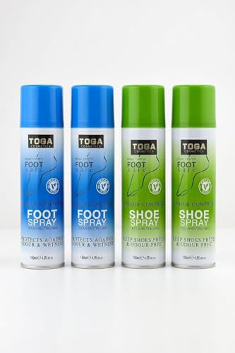 Toga odour Control Shoe & Foot antibacterial deodorant Spray 150ml per can (PACK OF 4) 2 cans of Shoe spray and 2 cans of Anti Smell Foot odor spray - total of 600ml