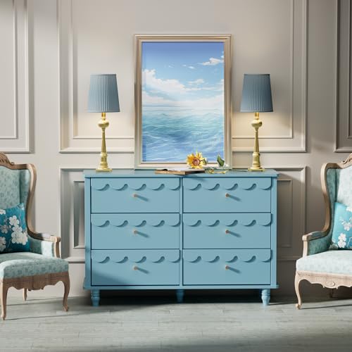 Image of Anbuy Blue Scalloped Nursery Chests and Dresser for Kids Bedroom Wood 6 Drawer Dresser, Dressers & Chests of Drawers with Metal Handles for Bedroom, Nursery, Hallway