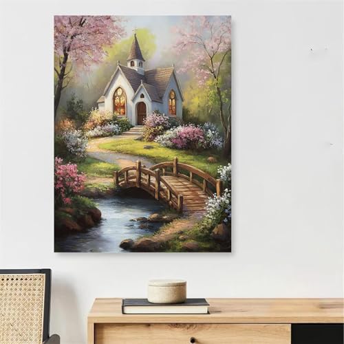 Peinture par numéro adulte forêt et cabine avec toile 60x90cm et peinture
