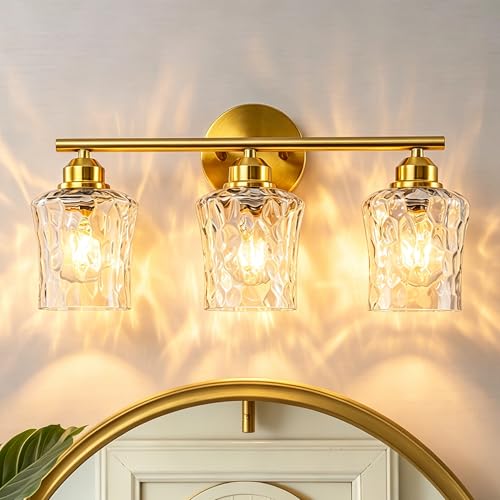 WILON Modern Bathroom Vanity Light, 3-Light Gold Vanity Lighting with Hammered Glass Shade, Corrosion-Resistant for Bathroom Vanity, Bedroom, Hallway by WILON - Used condition - US$58.23