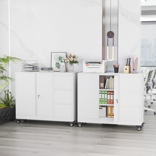 3 Drawer File Cabinet with Lock and Wheels,Metal Mobile Lateral Printer Stand with Adjustable Shelf ,Office Rolling Filing Organization and Storage Cabinet for Home Office, Living Dining Room,White - Image 5