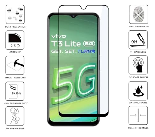 Image of Tempered Glass Screen Protector Compatible for Vivo T3 Lite, iQOO Z9 Lite with Edge to Edge Coverage and Easy Installation Kit, Pack of 1, Black