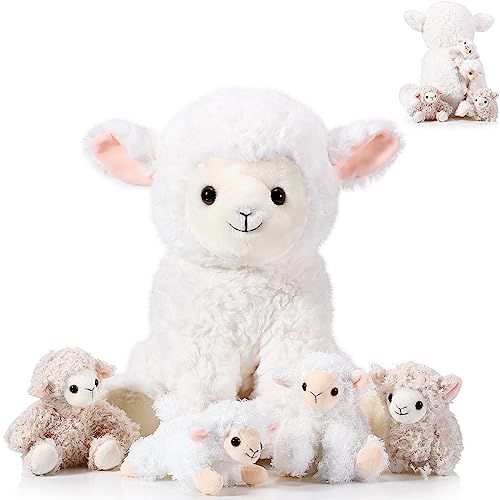 Lenwen 5 Pcs Operation Christmas Lamb Stuffed Animal Toys Sets, 14 Inch Mommy Lamb Plush with 4 Cute Babies in Her Zippered Tummy Soft Cuddly Sheep Plushie for Farm Birthday Easter Gifts(Lovely Style)