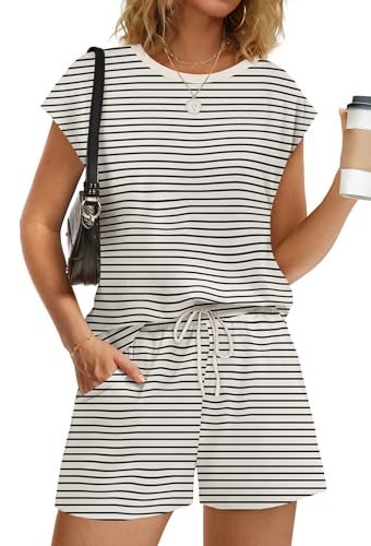 Image of WIHOLL Two Piece Sets for Women Summer Crew Neck Lounge Short Sets Cap Sleeve Drawstring Sweatsuit with Pocket
