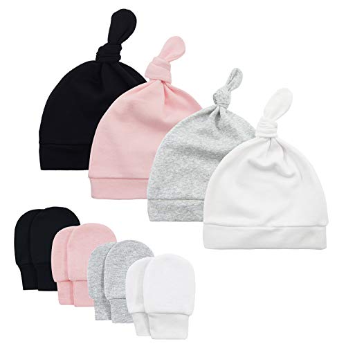 Image of Baby Newborn Hats and Mittens Set 0-6 Months Cotton Beanie Top Knot for Baby Boys Girls Winter