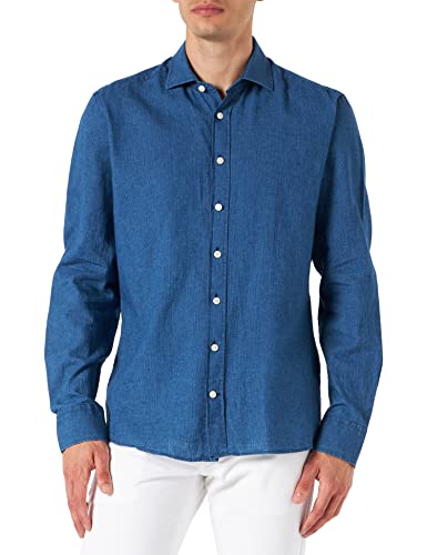 Hackett London Indigo COT Lin Htooth Camisa Hombre, Azul (561 Indigo), Small